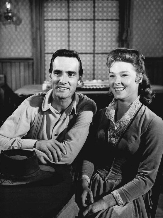 Photo of Dennis Weaver as Chester Goode and guest star Mariette Hartley from the television program Gunsmoke.