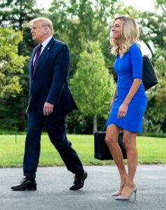 President Donald J. Trump walks with White House Press Secretary Kayleigh McEnany to speaks with reporters prior to departing the White House Tuesday, Sept. 15, 2020, for his trip to Pennsylvania. (Official White House Photo by Tia Dufour)