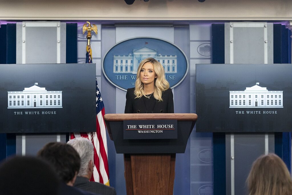 White House Press Secretary Kayleigh McEnany listens to a reporter’s question at a White House press briefing Friday, May 1, 2020, in the James S. Brady Press Briefing Room of the White House. (Official White House Photo by Joyce N. Boghosian)