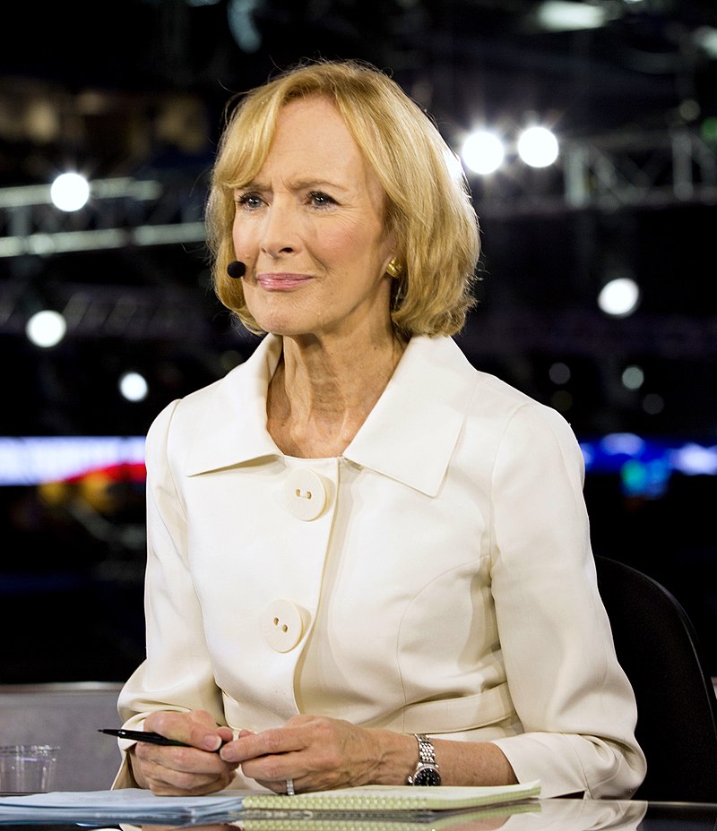 Judy Woodruff at the PBS NewsHour anchor desk set up at the 2012 Republican National Convention