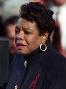 Photo of Angelou reciting her poem "On the Pulse of Morning" at US president Bill Clinton's inauguration, January 20, 1993
