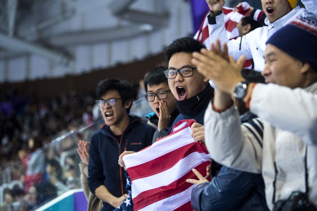 (Chris Detrick | The Salt Lake Tribune) Members of Nathan Chen's family (L-R) brother Colin Chen, cousin Kevin Wang, cousin Jerome Wang and uncle Jing Wang cheer as his score is announced in the Men Single Skating Free Skating at Gangneung Ice Arena during the Pyeongchang 2018 Winter Olympics Saturday, Feb. 17, 2018. Chen landed a record six quadruple jumps, scoring 215.08.