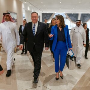 Photo of Secretary Pompeo and Ortagus at the signing ceremony of the Doha Agreement in Qatar, February 2020