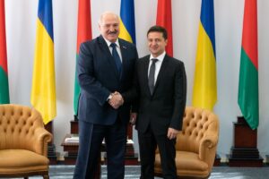Photo of Zelenskyy and Belarusian President Alexander Lukashenko in Zhytomyr, October 2019.