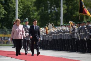 Photo of Zelenskyy with German Chancellor Angela Merkel at the Federal Chancellery Complex in Berlin, June 2019.